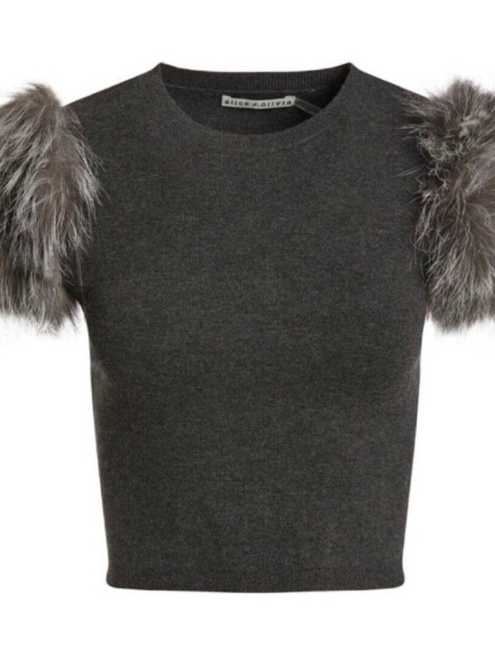NWOT Alice + Olivia Ciara Charcoal Knit Sweater with Fur Sleeves - Picture 3 of 6